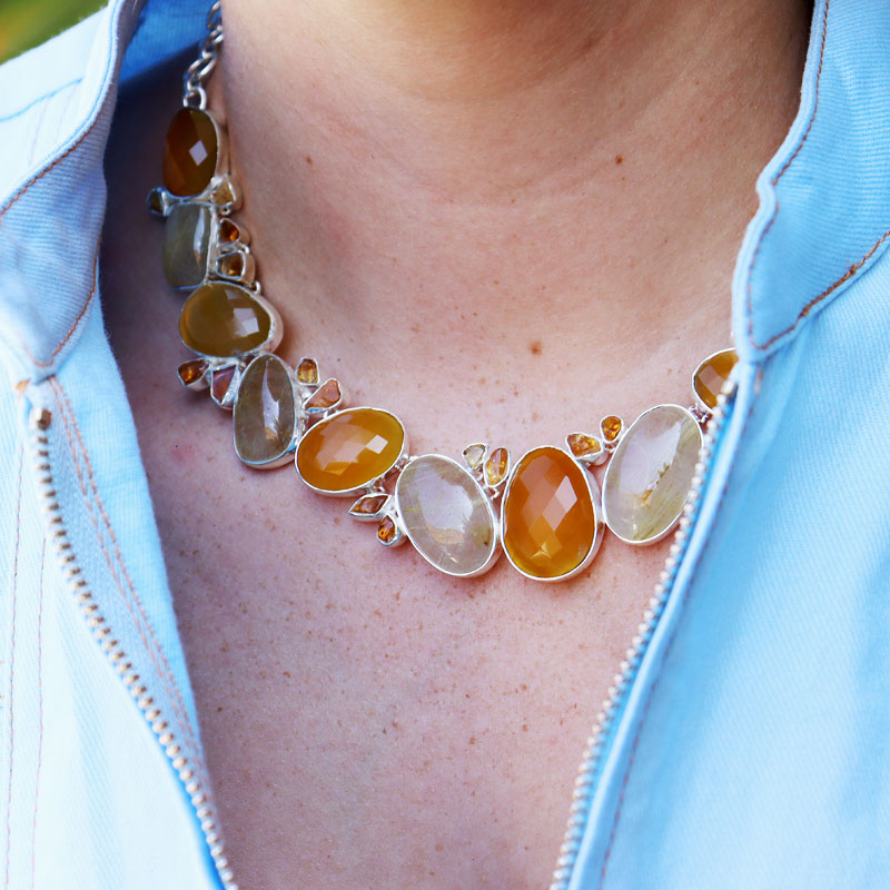 orange carnelian rutilated quartz sterling silver gemstone necklace