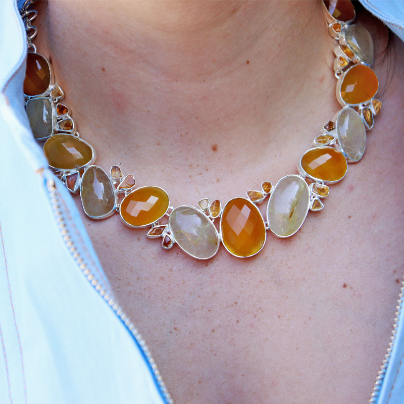 orange carnelian rutilated quartz sterling silver gemstone necklace