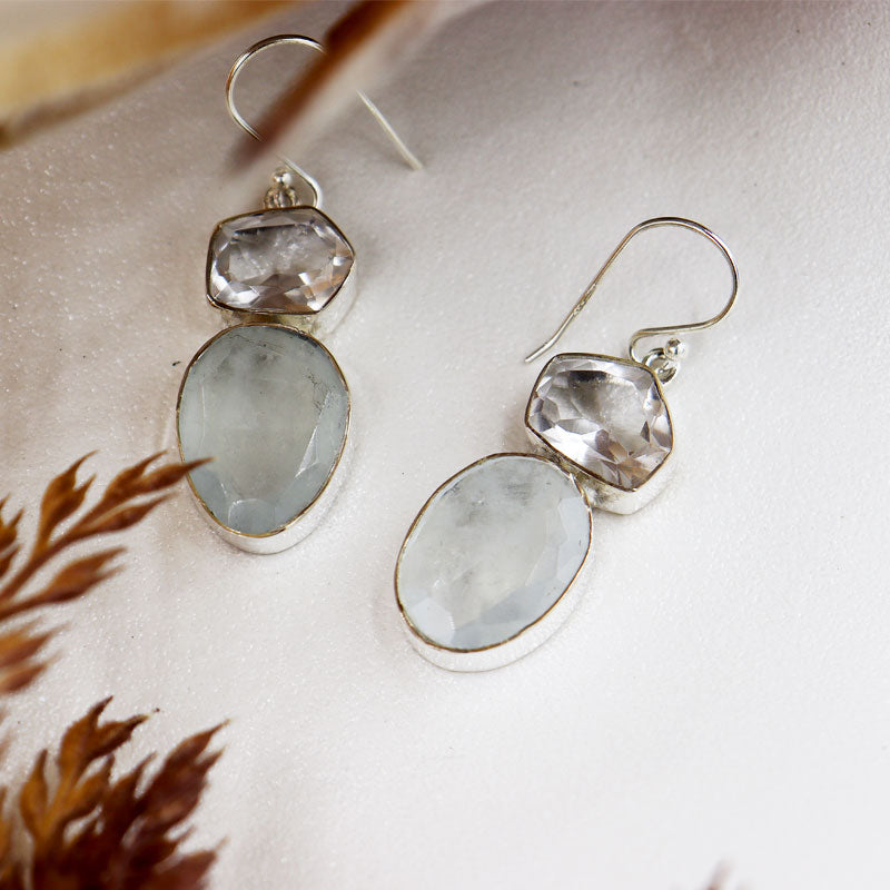 aquamarine clear quartz gemstone earrings