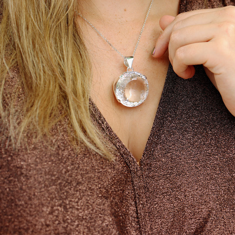 round clear quartz sterling silver gemstone pendant