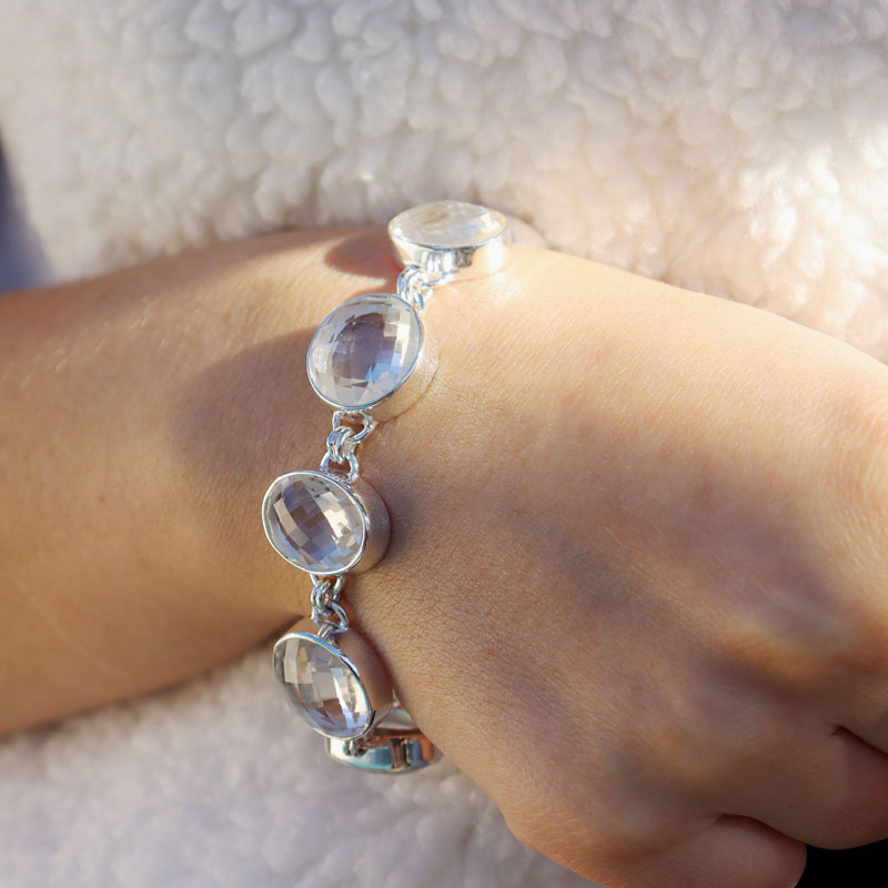 clear quartz silver oval gemstone bracelet