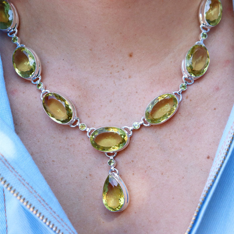 lemon quartz peridot sterling silver gemstone necklace