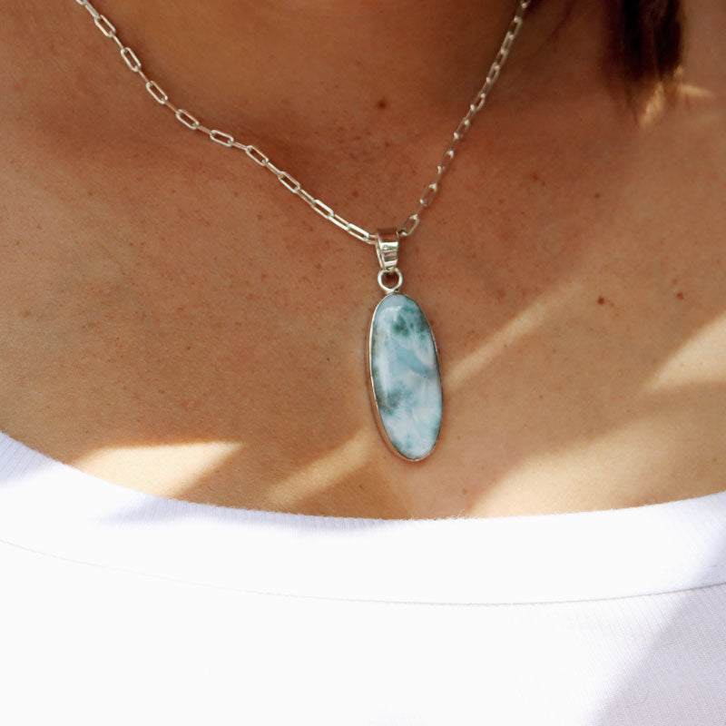 oval larimar gemstone silver pendant