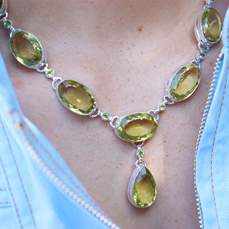 lemon quartz peridot sterling silver gemstone necklace