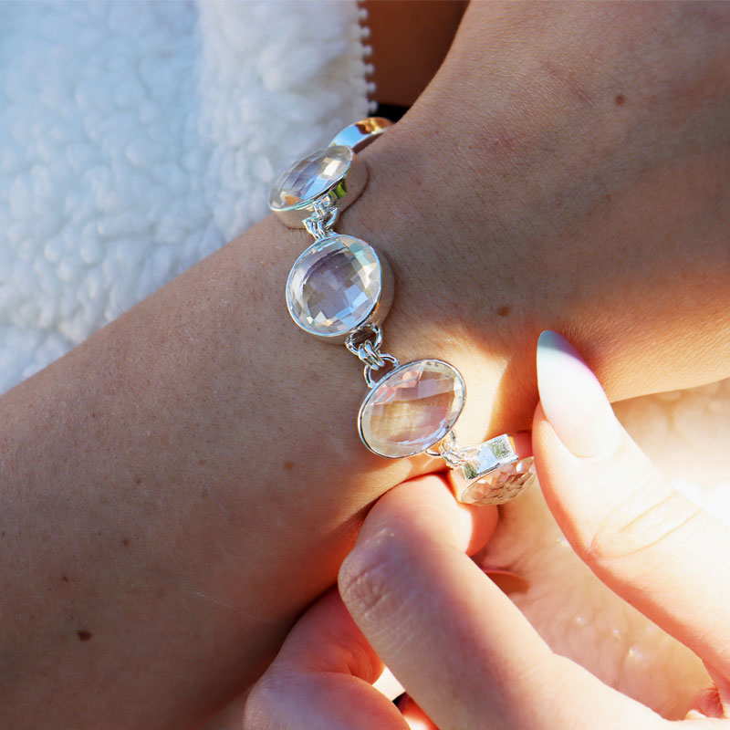 clear quartz silver oval gemstone bracelet