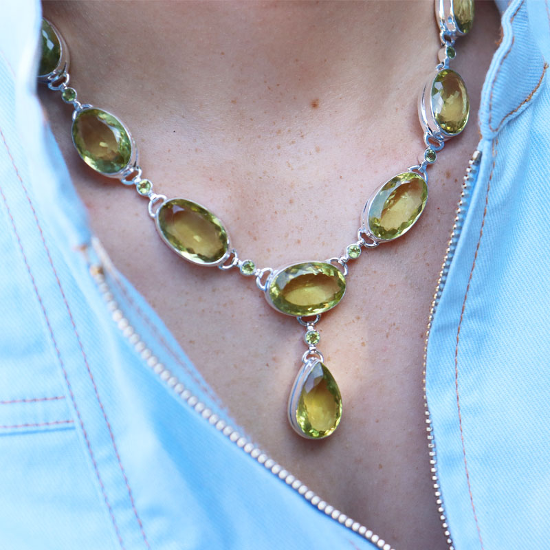 lemon quartz peridot sterling silver gemstone necklace