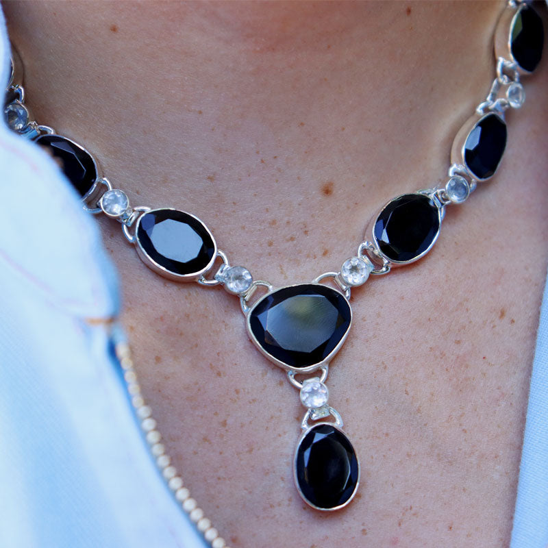 black onyx clear quartz sterling silver gemstone necklace