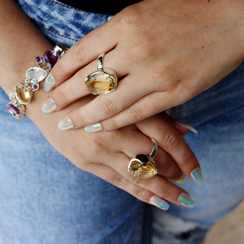 citrine oval silver gemstone ring