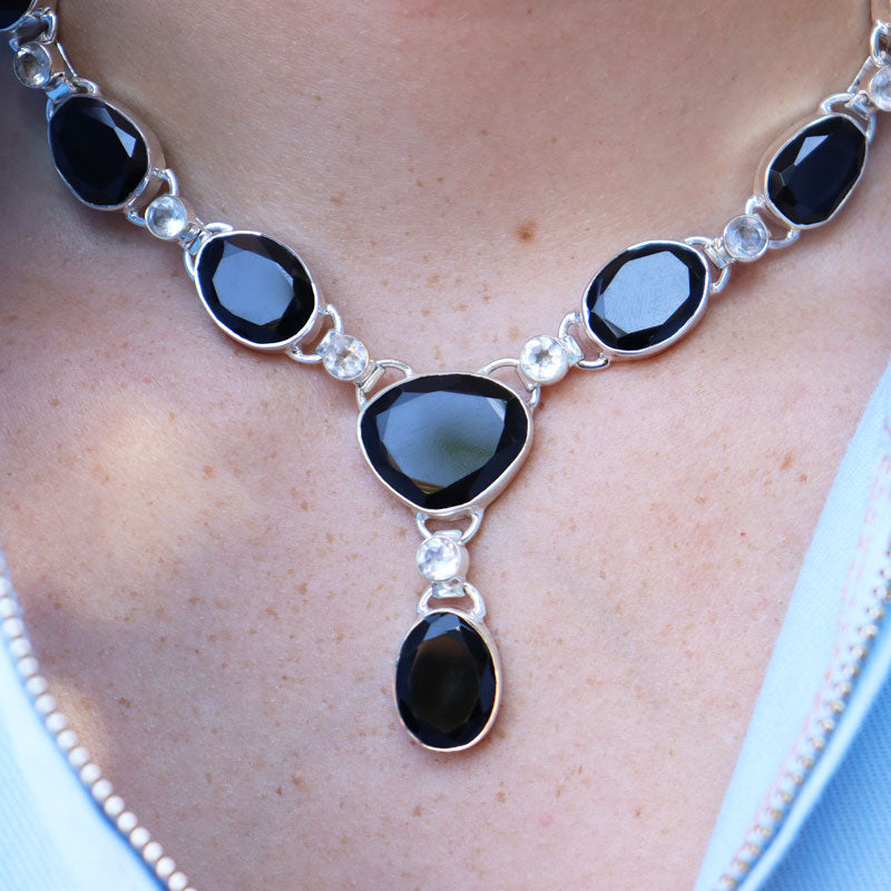 black onyx clear quartz sterling silver gemstone necklace