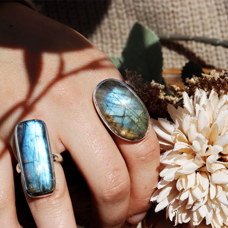 Labra-dora Boho Rings with Heart Gemstones Labradorite