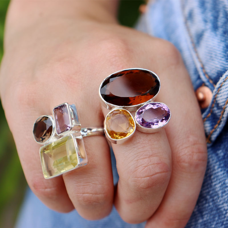 lemon quartz smoky quartz amethyst sterling silver gemstone ring