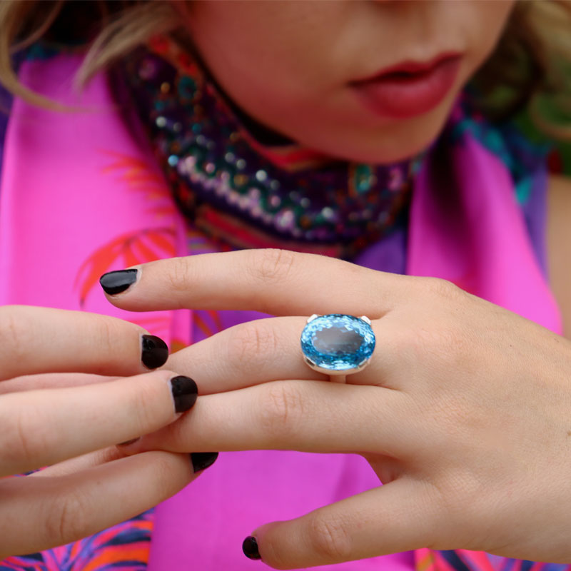 big swiss blue topaz silver gemstone ring