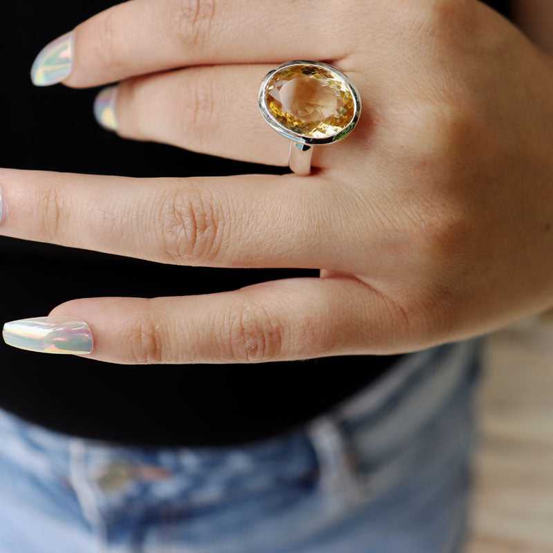 citrine oval silver gemstone ring