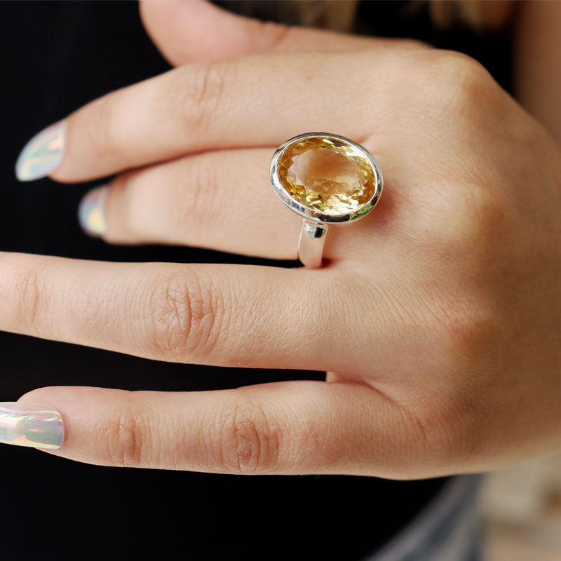 citrine oval silver gemstone ring