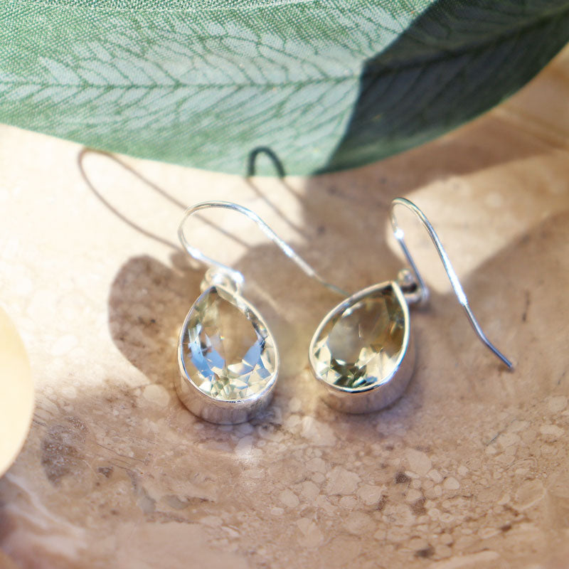green amethyst teardrop silver gemstone earrings