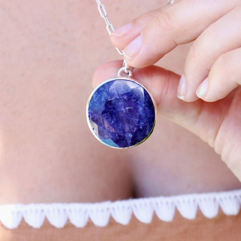 round sapphire quartz sterling silver gemstone pendant