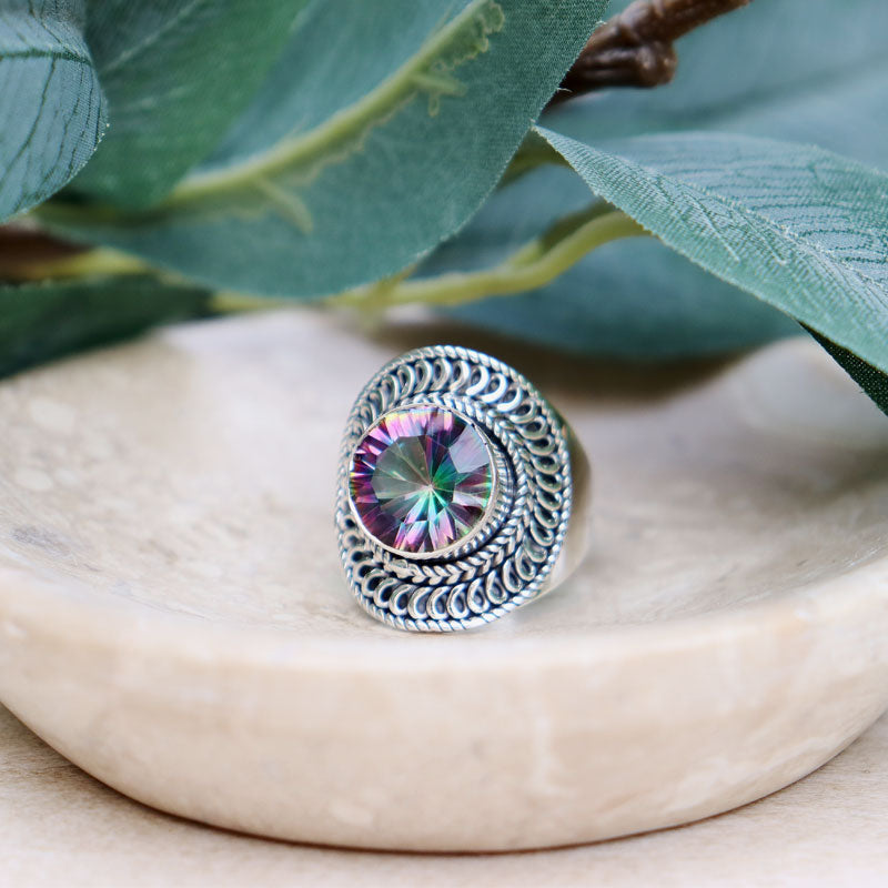 mystic topaz silver gemstone ring