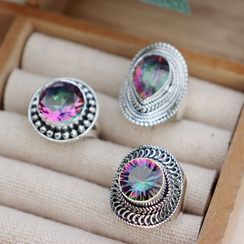 mystic topaz silver gemstone ring