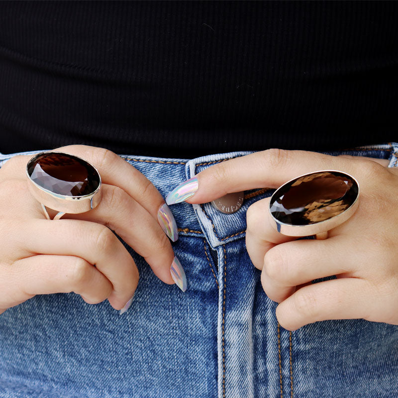 big oval smoky quartz sterling silver gemstgone ring