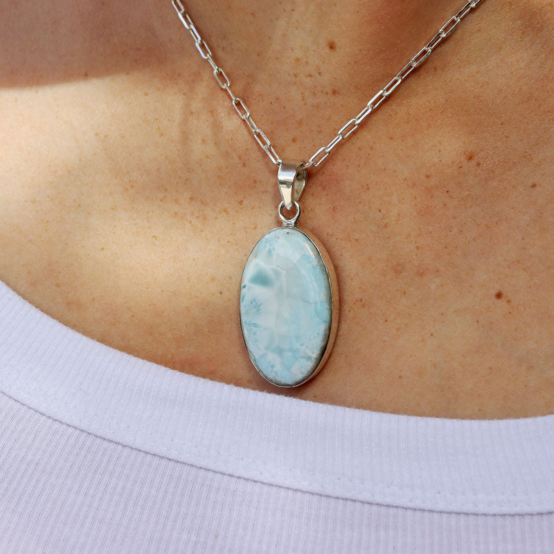 large larimar oval silver gemstone pendant