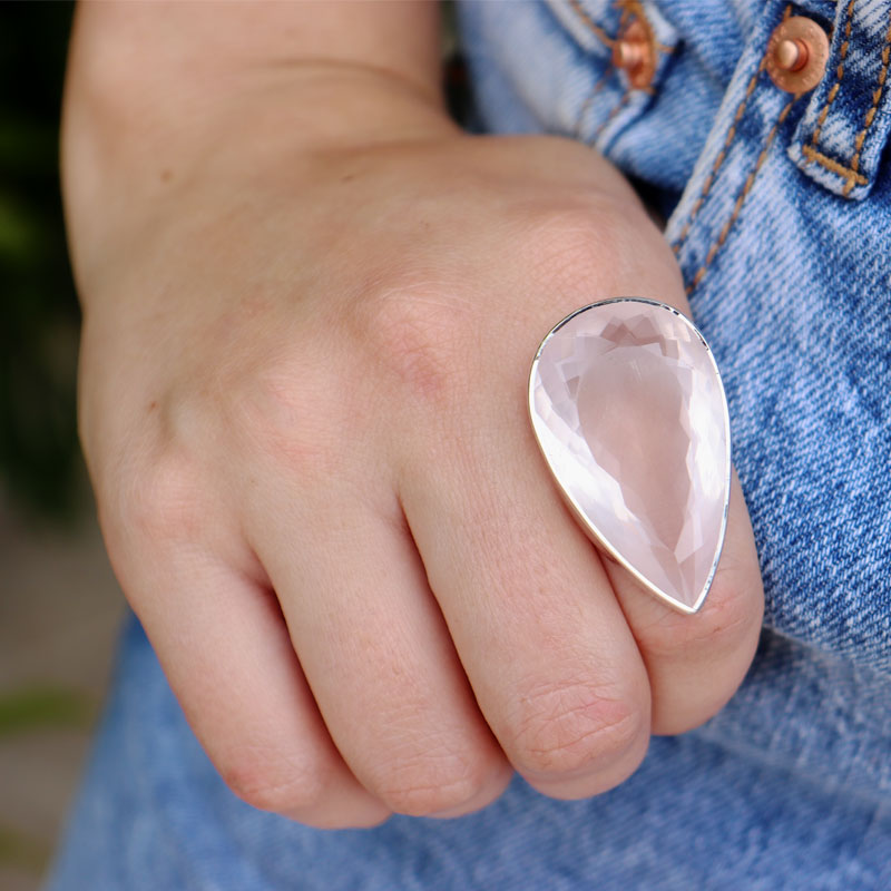 large rose quartz sterling silver gemstone ring