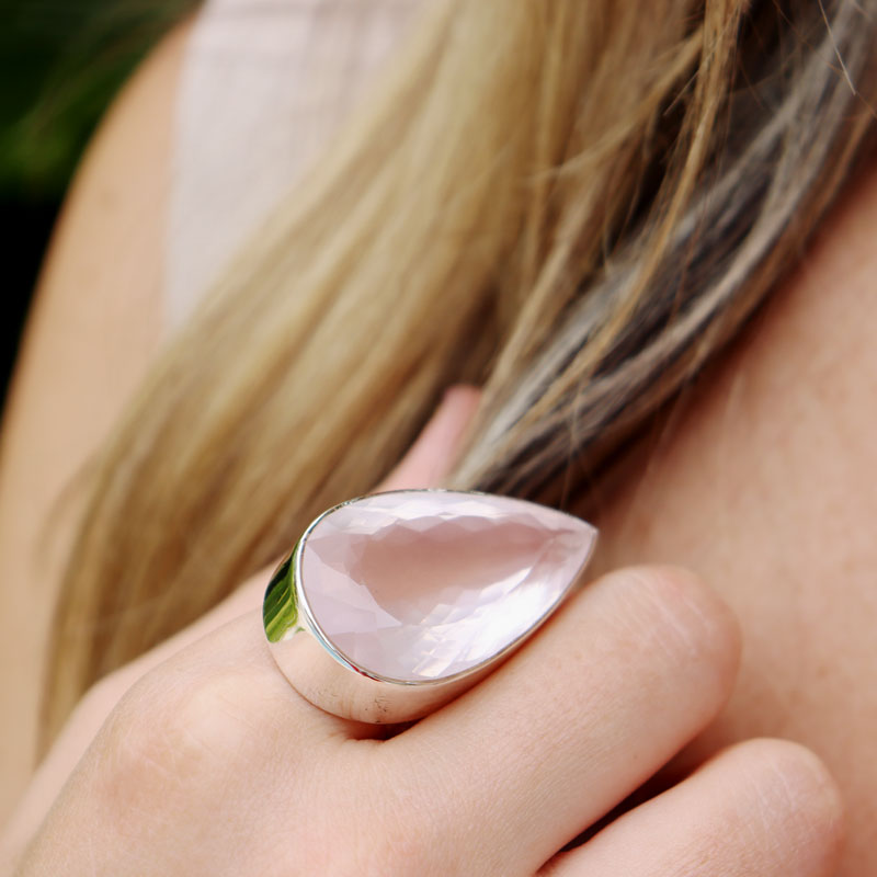 large rose quartz sterling silver gemstone ring