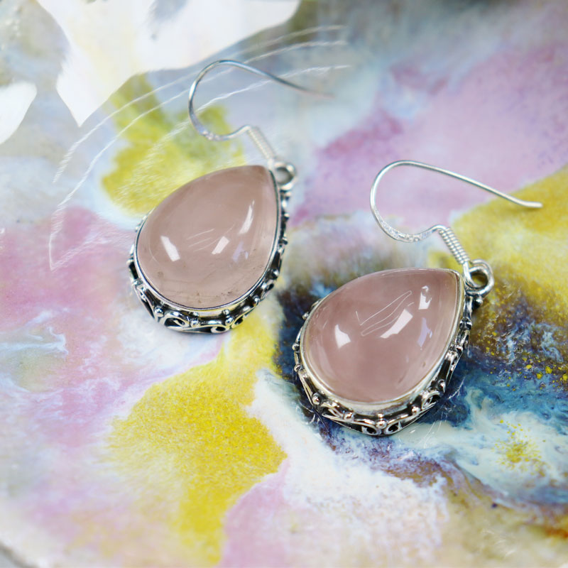 rose quartz silver gemstone earrings