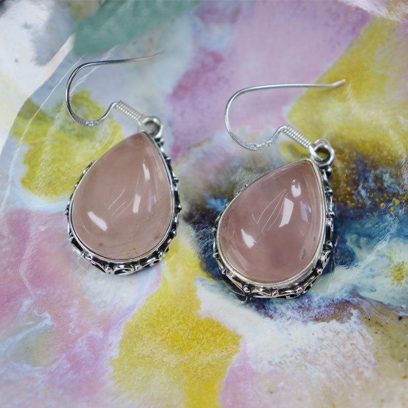 rose quartz silver gemstone earrings