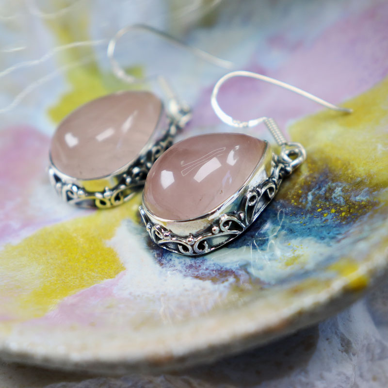 rose quartz silver gemstone earrings