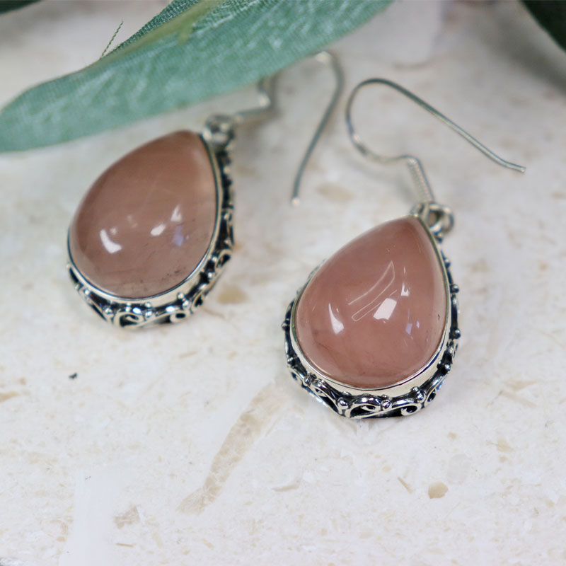 rose quartz silver gemstone earrings