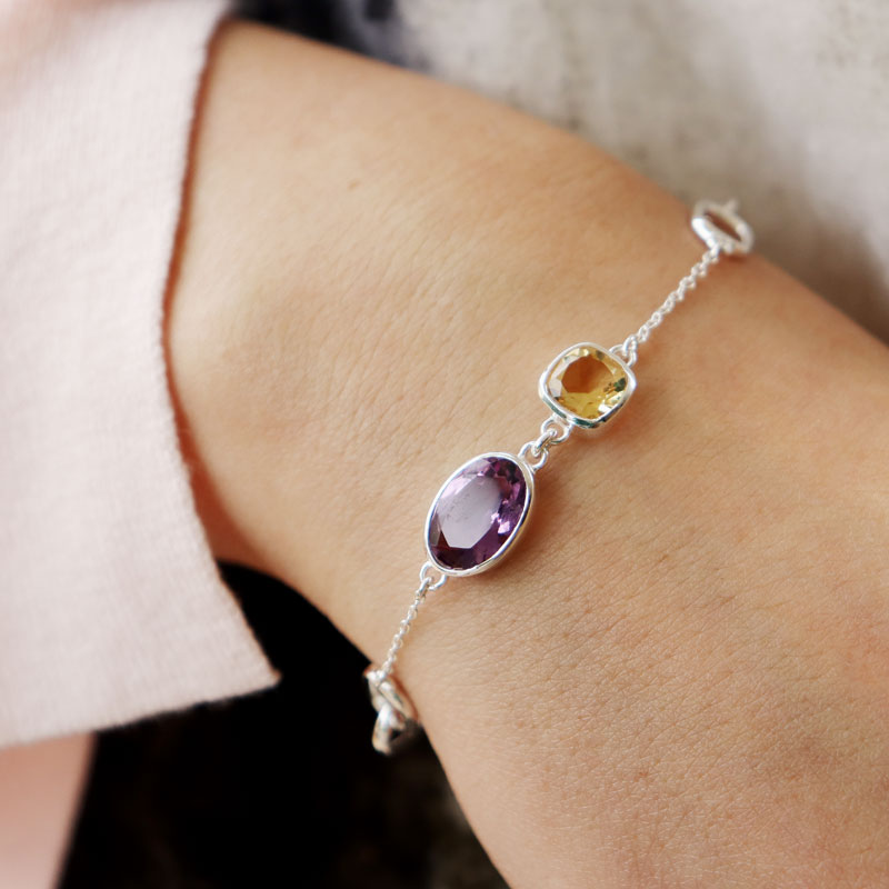 amethyst citrine silver gemstone bracelet