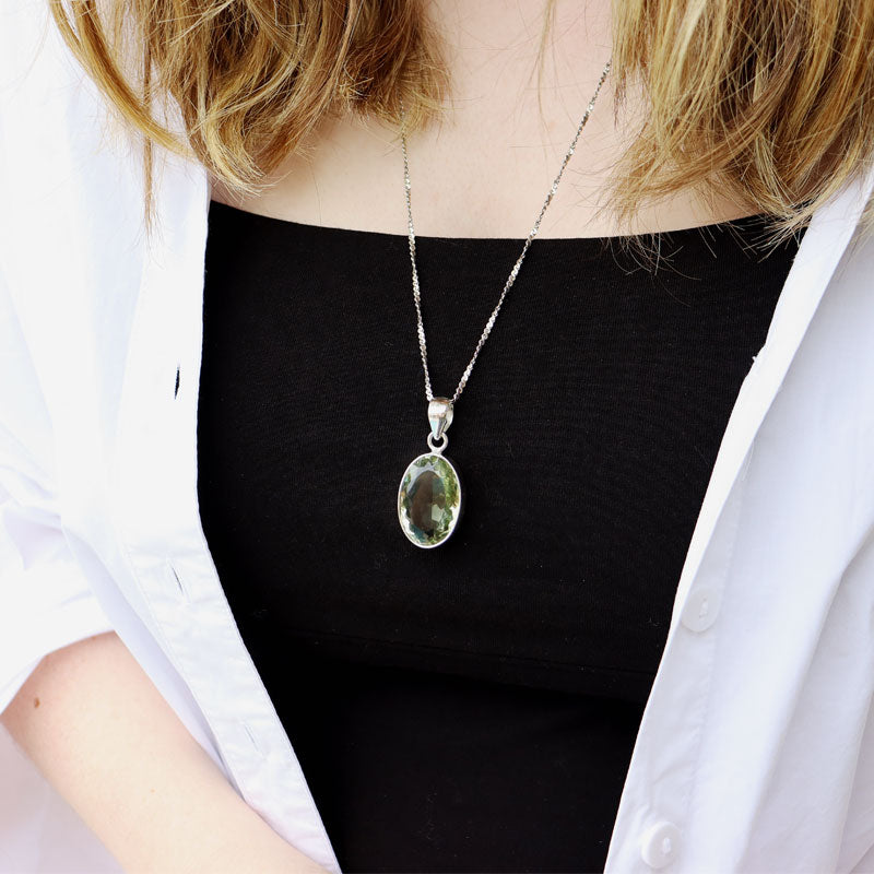 green amethyst oval gemstone silver pendant