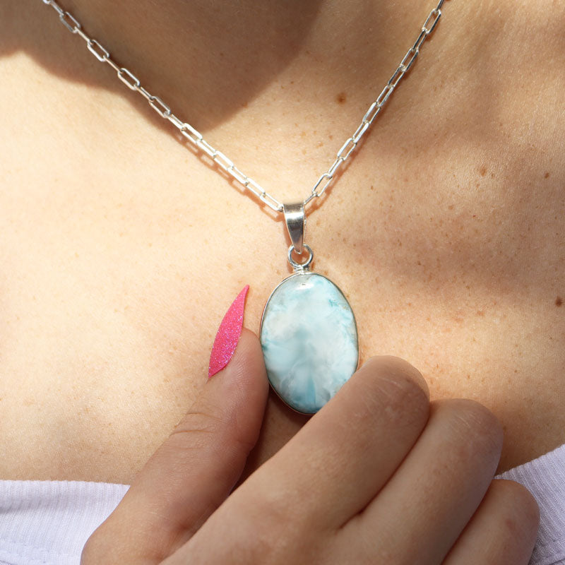 larimar oval silver gemstone pendant