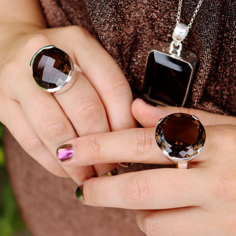 big round smoky quartz sterling silver gemstone ring