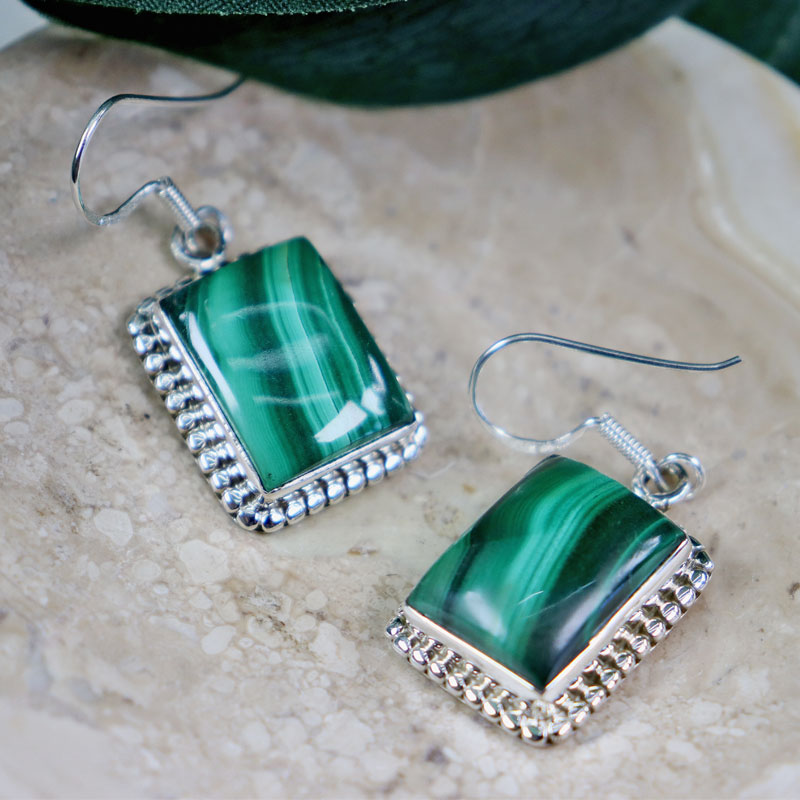 malachite silver gemstone earrings