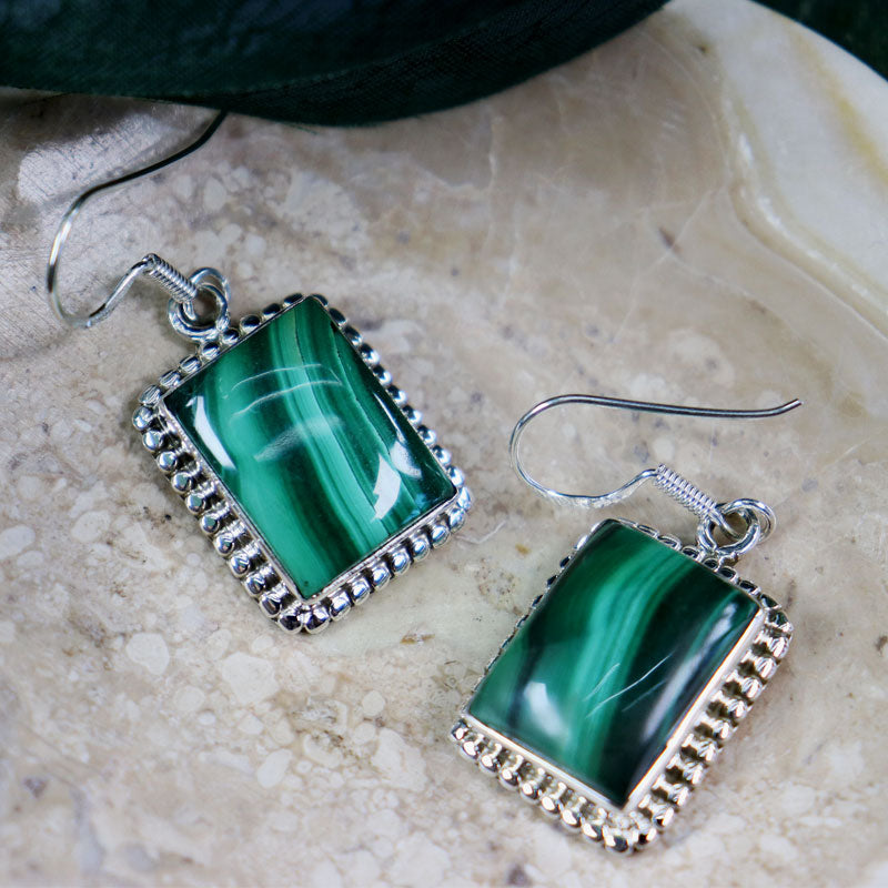 malachite silver gemstone earrings