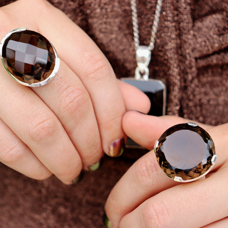 big round smoky quartz sterling silver gemstone ring