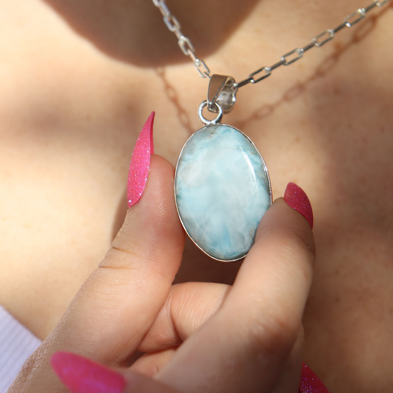 larimar oval silver gemstone pendant