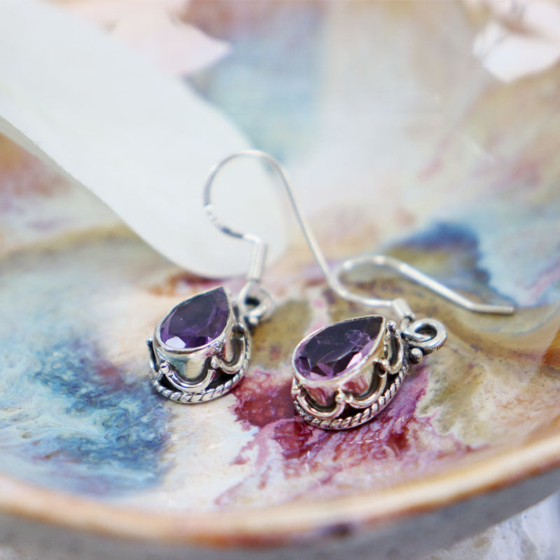 amethyst gemstone silver drop earrings