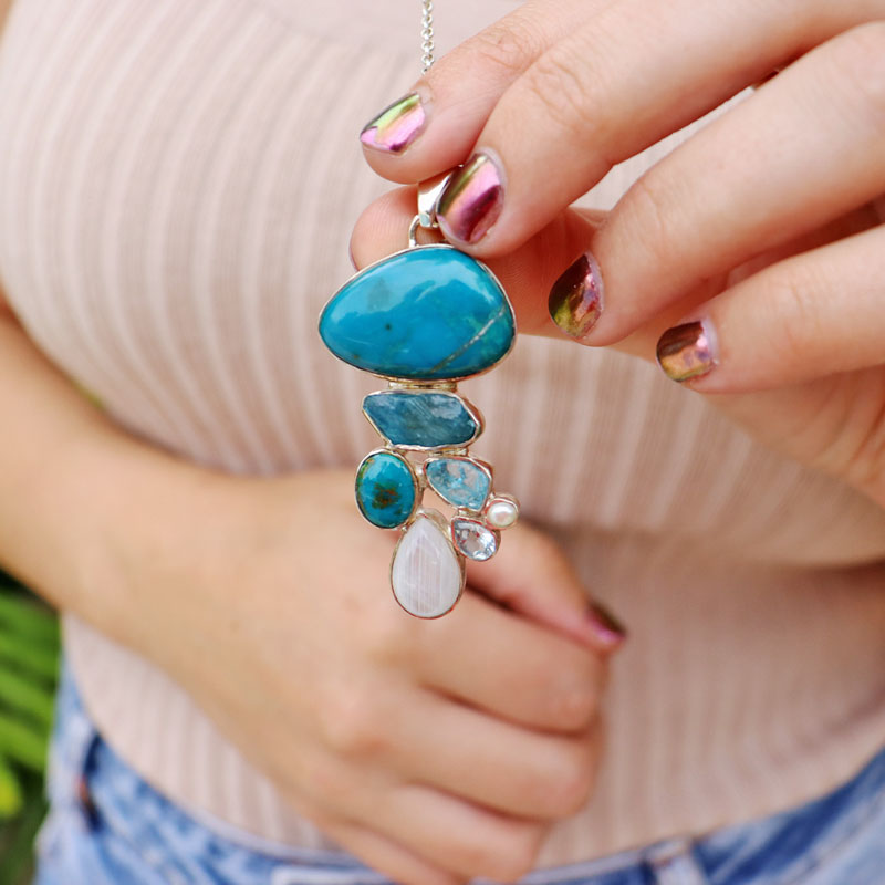 turquoise blue topaz moonstone sterling silver gemstone pendant