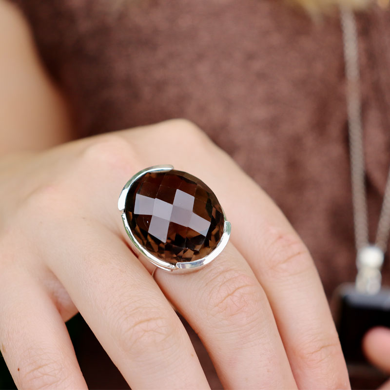 smoky quartz oval checkerboard cut sterling silver gemstone ring