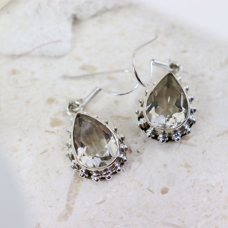 clear quartz teardrop silver gemstone earrings