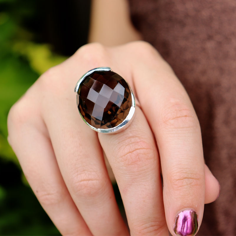 smoky quartz oval checkerboard cut sterling silver gemstone ring