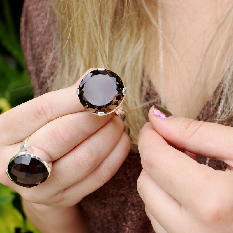 big round smoky quartz sterling silver gemstone ring