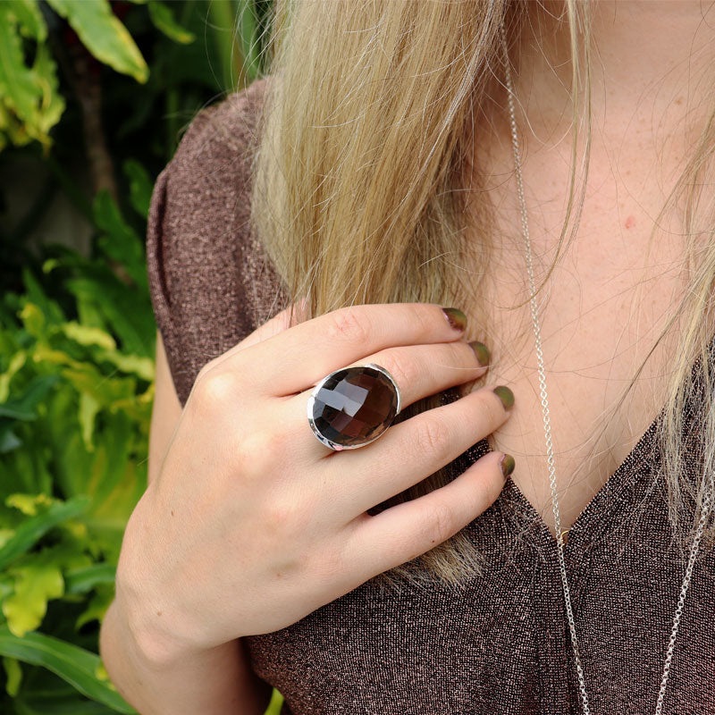 smoky quartz oval checkerboard cut sterling silver gemstone ring