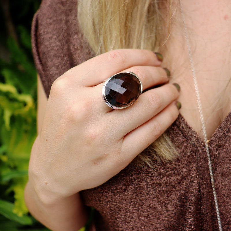 smoky quartz oval checkerboard cut sterling silver gemstone ring