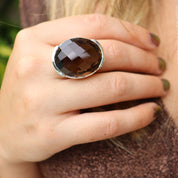 smoky quartz oval checkerboard cut sterling silver gemstone ring