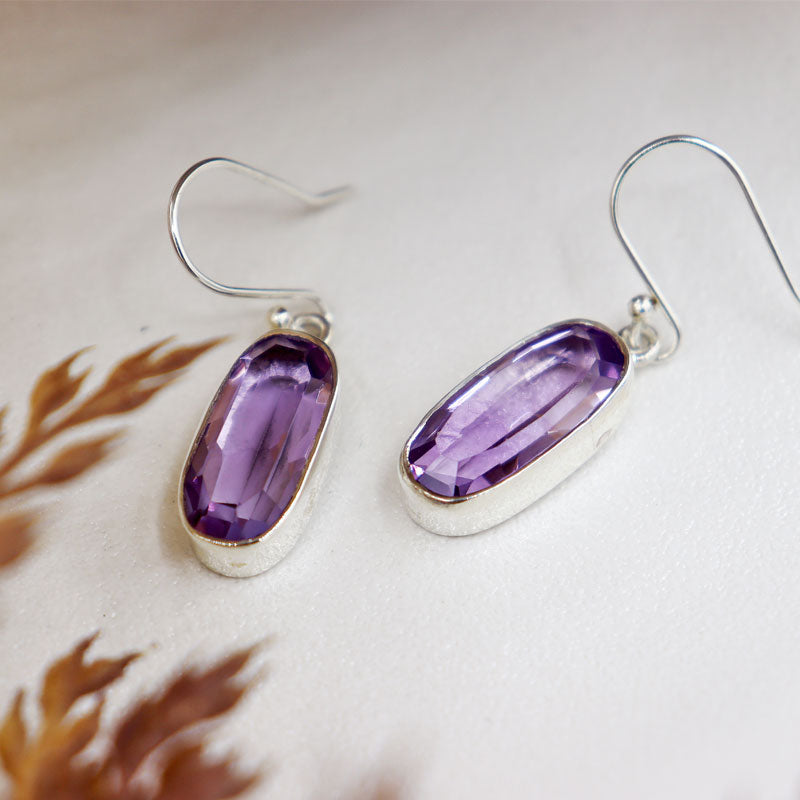 amethyst oval gemstone silver earrings