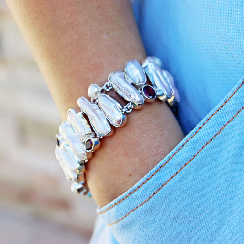 biwa pearl garnet sterling silver gemstone bracelet