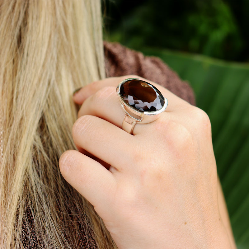 large oval smoky quartz sterling silver gemstone ring